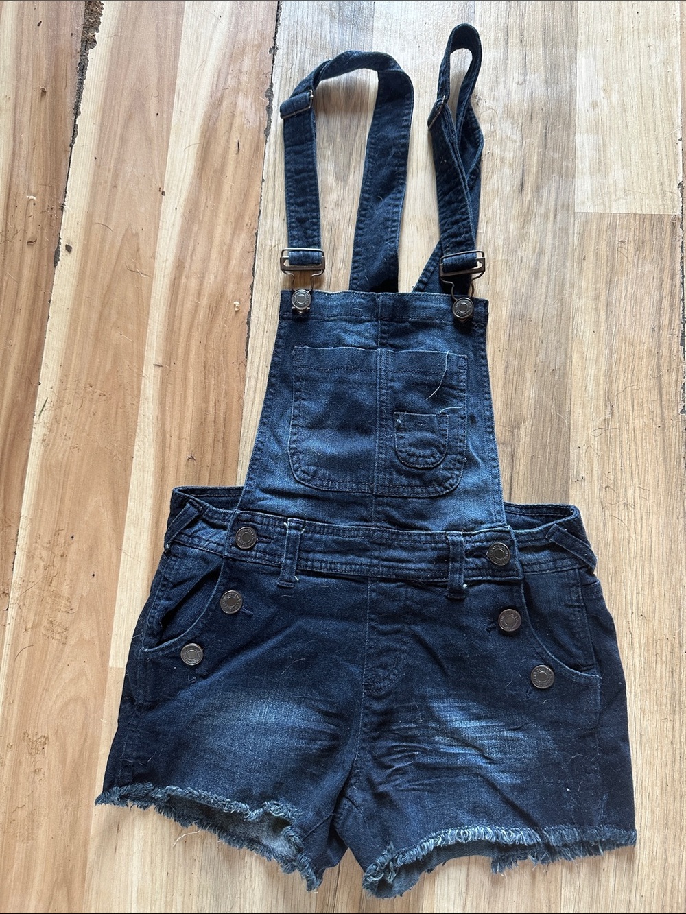 Ardene Navy Denim Short Overalls with Frayed Hem